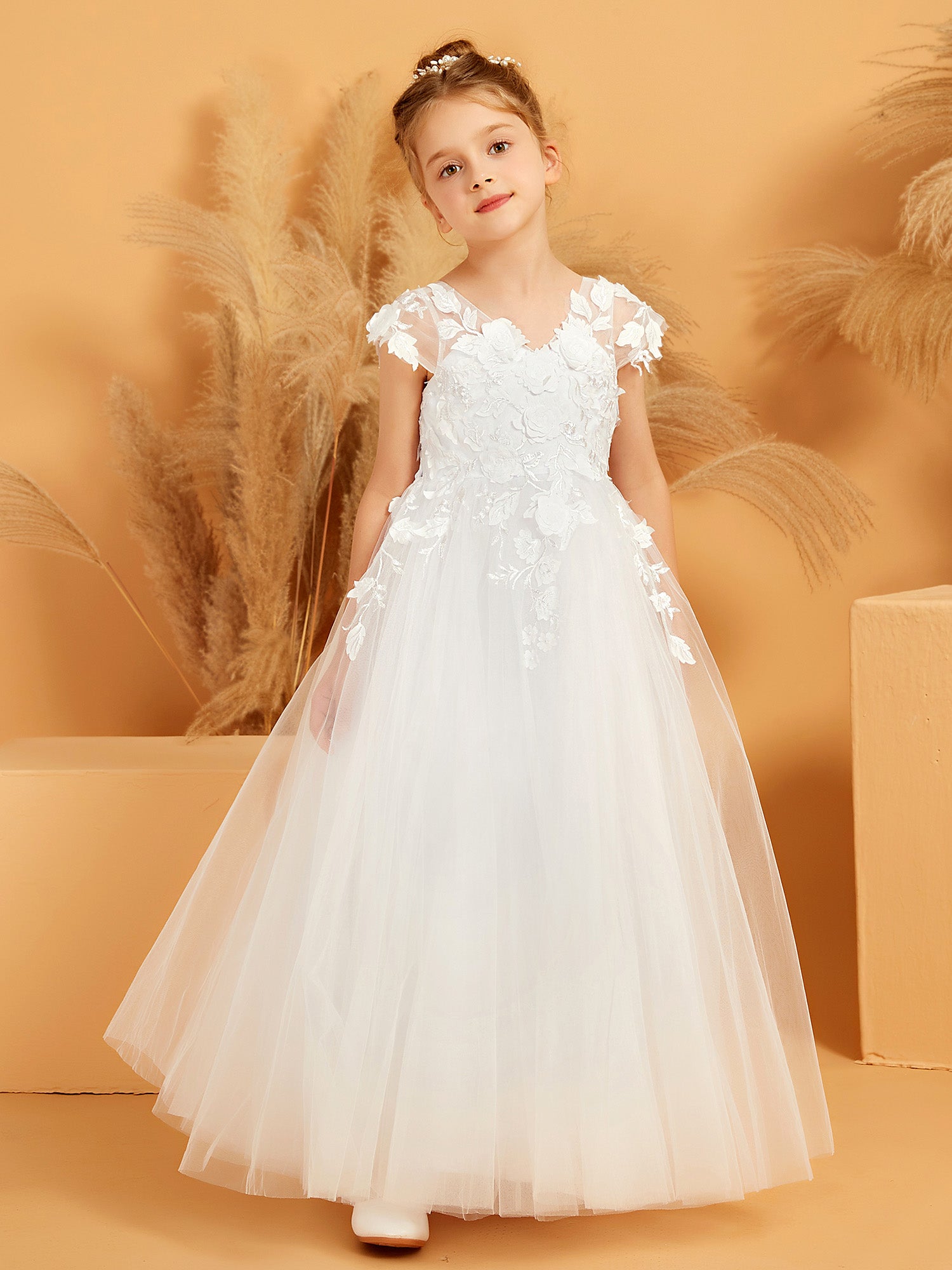 V-neck Floral Appliqued Ball Gown Tulle Flower Girl Dress
